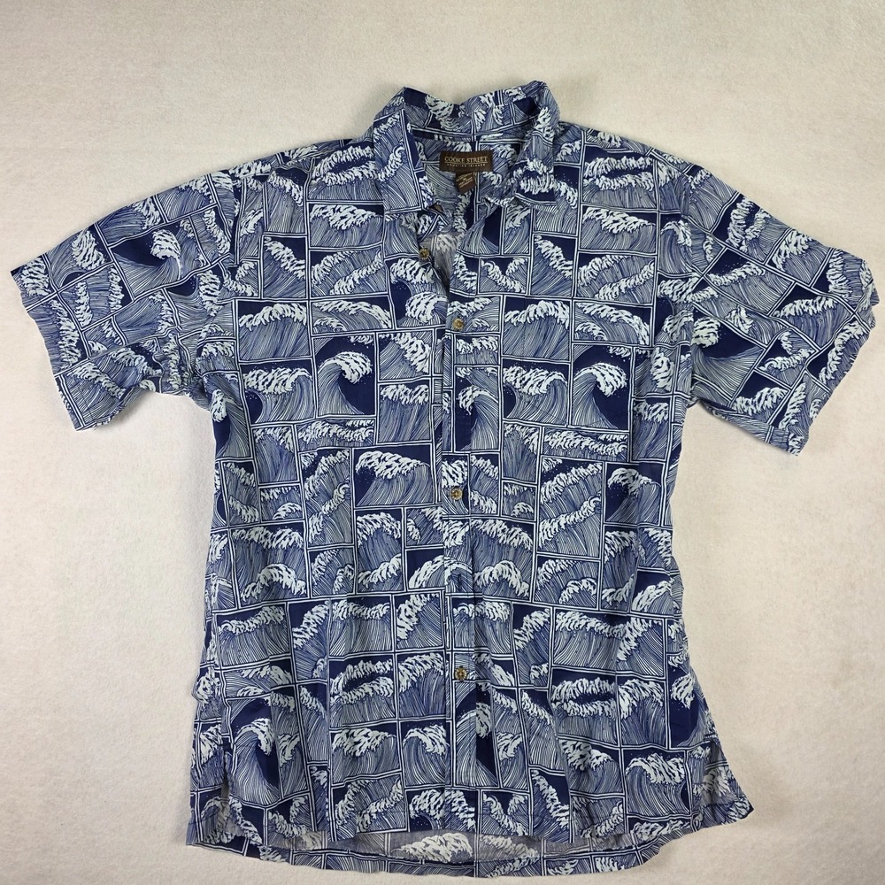 Cooke Street Hawaiian Shirt Mens XL Blue White Wave Print Short Sleeve ‎ Cotton
